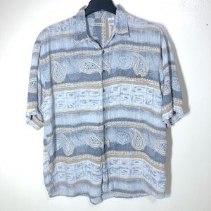 Summa Mens Paisley Silk Shirt Pastel Blue Short Sleeve Summer Vacation